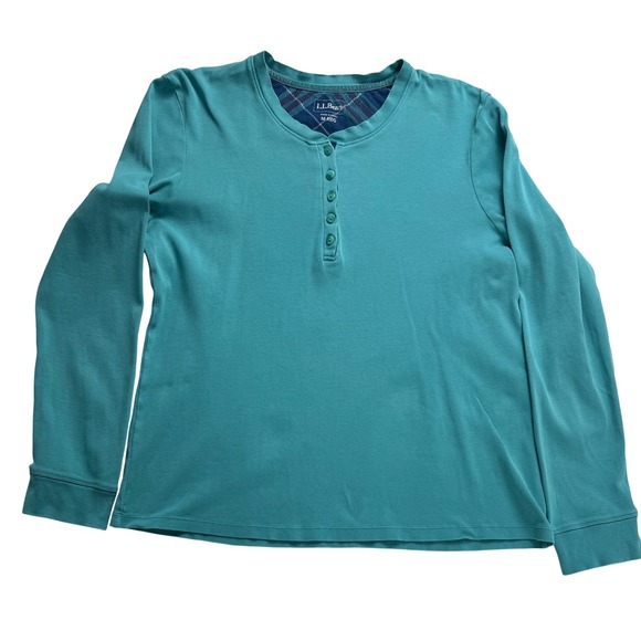 LL Bean Tops - LL Bean Womens Teal Blue 100% Cotton Long Sleeve Henley Top Size Medium Regular